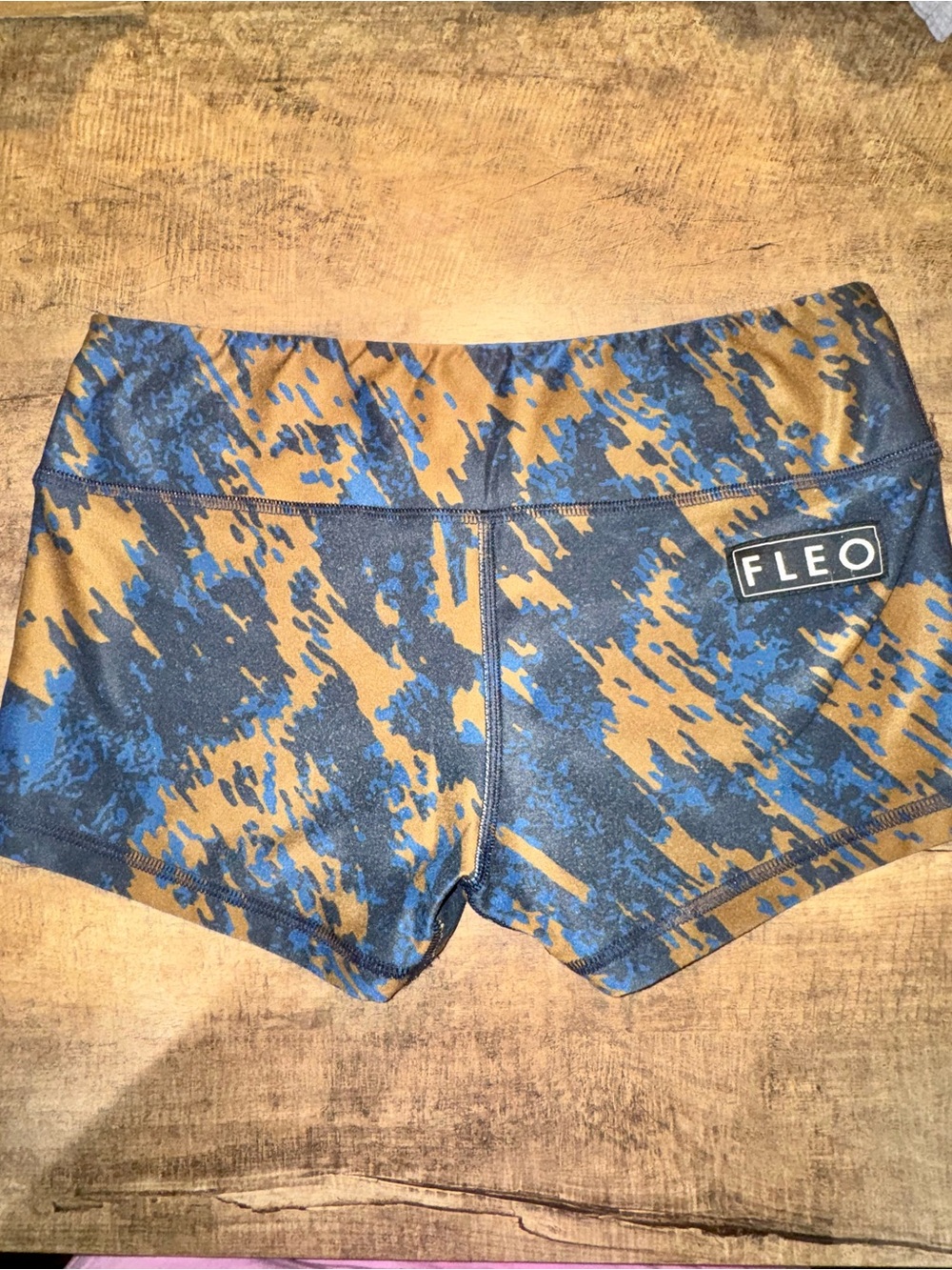 FLEO Blue Tan Abstract Camo Booty Shorts Size Small Athletic Shorts